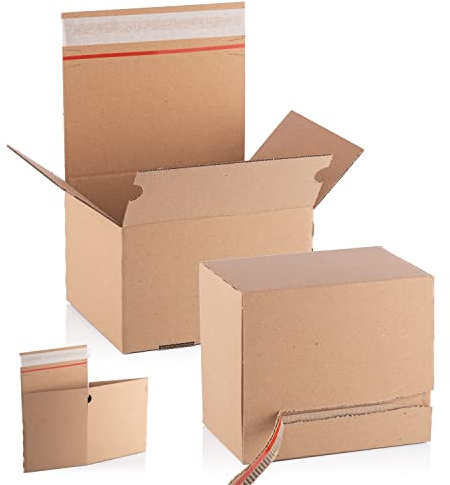 WPTrading - 10 Stück Automatik-Faltkarton (selbstklebend) 1-wellig 230 x 160 x 80 mm Wellpappe - automatischer Versandkarton für Warensendung, Paket & Päckchen mittel (M) - Karton-Versand-Kartonage