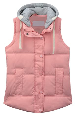 YYNUDA gilet chaud femme capuche cotton gilet matelassé capuche manteau sans manches hiver Rose M