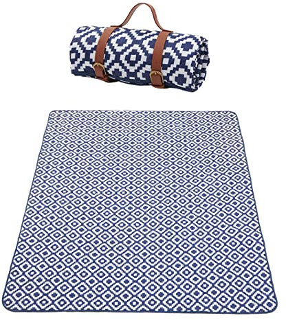 Picknickdecke 200 x 150 cm große Stranddecke Wasserdicht Sanddicht Outdoor Indoor Teppiche Faltbare Strandmatte Tragbar Camping Picknick Teppich mit Tragegriff Aluminium BBQ Picknickmatte (Blau)