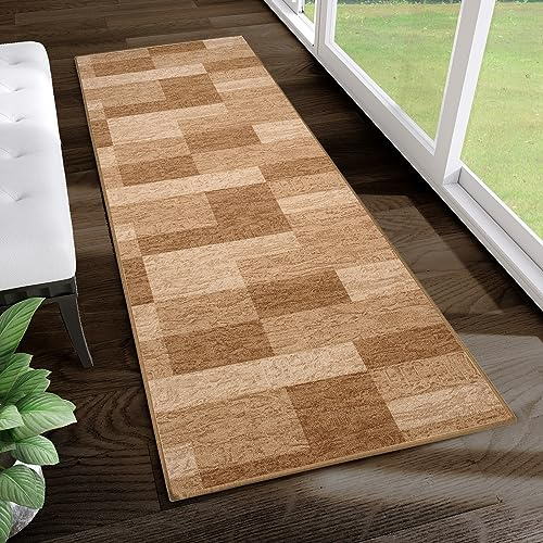 TAPISO Anti Rutsch Teppich Läufer rutschfest Brücke Meterware Modern Braun Beige Gelb Vierecke Geometrisch Design Flur Küche Wohnzimmer Diele 100 x 380 cm