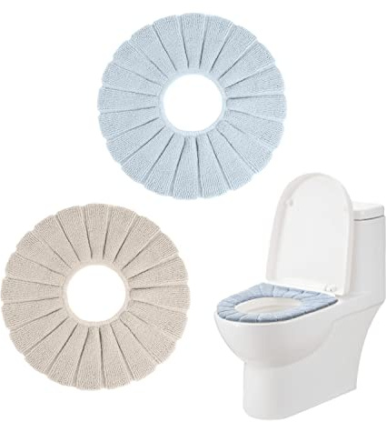 PFLYPF 2 StüCk Toilettensitzbezugskissen, Weich, Warm und Dehnbar, Weiches Toilettensitzkissen, O-FöRmige Gestrickte Toilettenwaschmaschine (Beige, Blau)