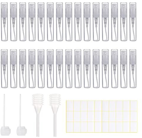 30 mini flaconi spray da 3 ml con contagocce, dispenser e adesivi per etichette, bottiglia dispenser trasparente, nebulizzatore portatile ricaricabile per lozioni, profumi, ecc.