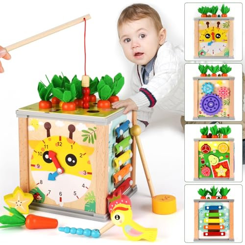 Nauotk Motorikwürfel Holz Baby ab 1 Jahr, 7 in 1 Aktivitätswürfel, Montessori Activity Center, Karottenernte Holzspielzeug Motorikspielzeug für Kleinkinder Baby, MWDH-006, Farbe