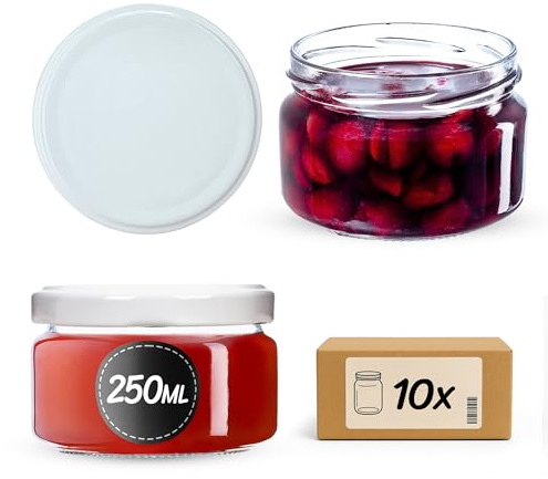 KADAX Lot de 10 petits pots à confiture avec couvercles hermétiques, 250 ml, idéaux comme cadeau pour miel et épices, blancs