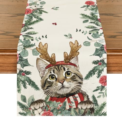 Artoid Mode Holly Flowers Antler Cat Eucalyptus Christmas Table Runner, Seasonal Xmas Winter Kitchen Dining Table Decor for Home Indoor 40x240 cm