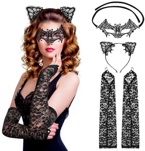 Becellen 3 Stück Katzenkostüm Damen Set, Karneval Katzenohren Schwarz Spitzen Handschuhe Venezianische Maske für Rosenmontag und Cosplay