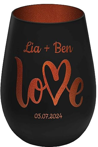 Windlicht mit Gravur Love für Paare - Schwarz/Bronze - personalisierbar - Verschiedene Motive auswählbar - Höhe 12 cm - Geschenk Teelichthalter Liebe