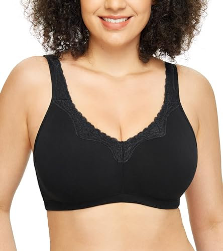 DotVol Women's Lace Cotton Comfort Plus Size Full Cup Minimizer Non Foam Wireless Bra(Black,48E)