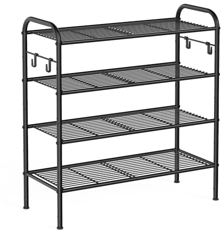 SONGMICS Scarpiera, Scaffale Porta Scarpe a 4 Ripiani Regolabili in Altezza, in Metallo con 4 Ganci, Contiene 10 Paia di Scarpe, per Ingresso, Corridoio, Armadio, Montaggio Facile, Nero Inchiostro