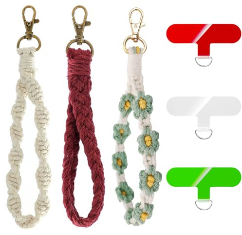 CNYMANY 3 Sets Boho Telefon Lanyards mit Halteschlaufen, Makramee Telefon Armbänder, Armband Schlüsselanhänger, Anti- Verlust Telefonkette