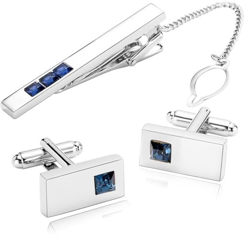 Dsnyu Krawattennadel und Manschettenknöpfe, Manschettenknöpfe Blau Herren Rechteck Zirkonia Edelstahl Hemd Anzug Damen Schmuck mit Geschenkbox