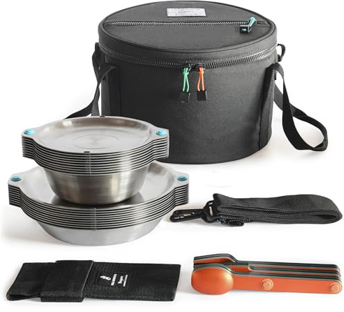 Full Windsor Magware, 35-Pcs Stainless Steel Camping Mess Kit, Magnetic Flatware Plates, Cups, Bowls, Cutlery & Utensils