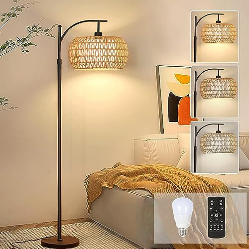 Arc Floor Lamps for Living Room Rattan Boho Floor Lamp with Remote Control,Dimmable LED Floor Lamps Wicker Lamp Shades Black Standing Lamp with 3 Color Temperature Tall Floor Lamp For Bedroom Corner