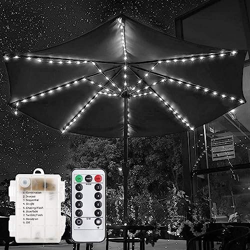 EONANT Sonnenschirm Lichterkette - 104 LED Lichter Mit Fernbedienung, 8 Modi, Batteriebetrieben, Baldachin Dekorative Strip Lichter für Camping-Zelt (Weiß)