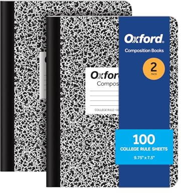 Oxford Composition Notebooks, 9-3/4 x 7-1/2 Inch School Journals, College Ruled Paper, Black Marble Covers, 100 Sheets per Book, 2 Pack (1002515)