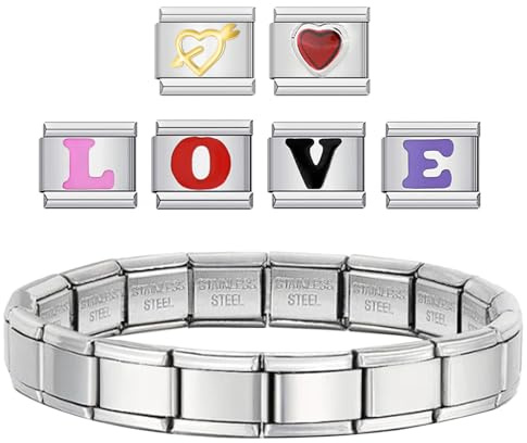 arrderly Bracelet italien à breloques 9 mm, argenté, unisexe, avec 6 breloques italiennes supplémentaires, modules de lettres LOVE et motif en forme de cœur, acier inoxydable, amovible, flexible et