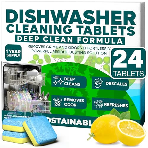 Sudstainables Dishwasher Cleaner and Deodorizer Tablets, 24 Pack – Dishwasher Cleaning Tablets for Odor and Buildup Removal, Descaler - 1-Year Supply
