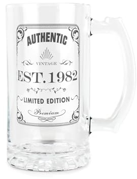 Purely Home Born in 1982 Gift Glass Stein - Vintage Beer Glass Present - 450ml Drinking Cup/Tankard Mug with Handle Gifts for Birthdays