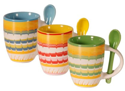 ARCA, Set 3 Tazzine da Caffè Apulia Riccio con Cucchiaino, Realizzate in Ceramica Decorata, Lavabili in Lavastoviglie, Capacità 90 ml, 6x7 cm, Colori Assortiti