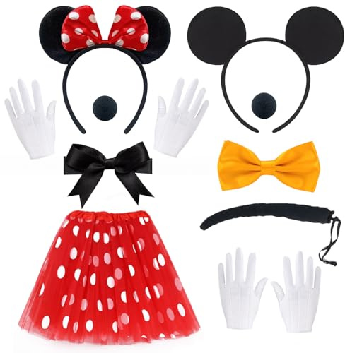 ATOWORLD Women's Minnie/Mickey Mouse Costume Set - Red Tutu, Ears, Nose, Gloves, Bow Tie & Black Headband - One Size - Polyester - Cartoon Theme - Adult Women's Costume