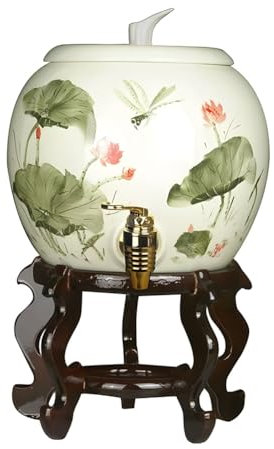 Dispensador De Agua De Cerámica, Dispensador De Agua De Porcelana De Cerámica Deportiva, Almacenamiento De Vino, Grifo De Acero Inoxidable, Válvula Y Tapa Incluidas, Soporte De Madera(Multi-colored-A)