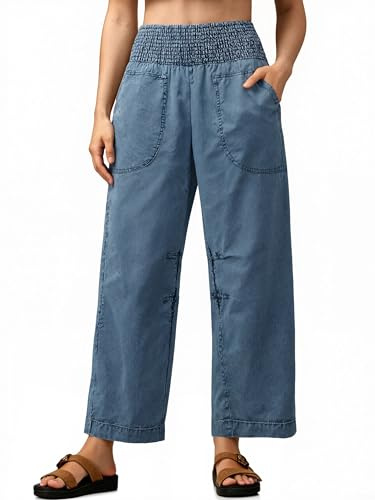 Cicy Bell Womens Smocked Barrel Jeans Casual Trendy High Waisted Baggy Pull On Denim Pants Light Blue