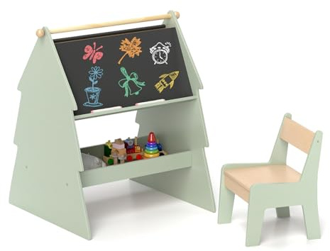 GOPLUS Tableau Chevalet Enfant Double Face en Forme d'Arbre, 2 en 1 Table à Dessin Rouleau de Papier et Étagère de Rangement,