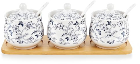 fanquare Blue and White Floral Kitchen Spice Jar, Chinese Sugar Bowl Set of 3 with Lid and Spoon, Ceramic Condiment Pot with Serving Tray for Home and Kitchen