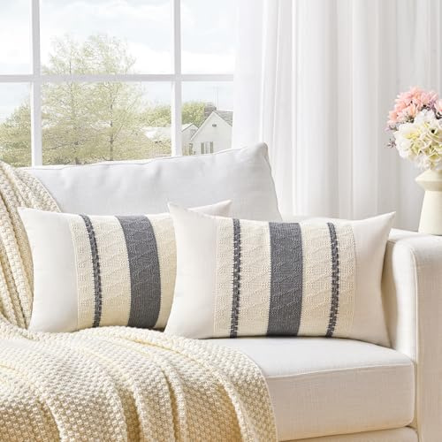 FDTERN 2er Set Boho Kissenbezug 30x50 Grau,Dekorative Leinen Kissenbezüge Kissenhülle Dekokissenbezug Sofakissen Dekokissen Deko für Sofa Schlafzimmer Wohnzimmer