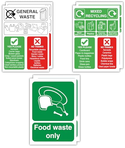 A5 Pack of 6: 2PCS General waste & 2PCS Mixed Recycling & 2PCS Food Waste Only Bins Signs Self adhesive Polypropylene Stickers, Recycle Labels (148mm x 210mm)