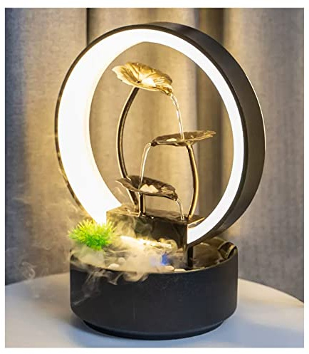 Fontana Tavolo Fontana da tavolo for interni in metallo con foglia di loto con lampada a LED, lampada da tavolo for soggiorno Fontana di acqua corrente Fortuna Decorazione for ufficio regalo di inaugu