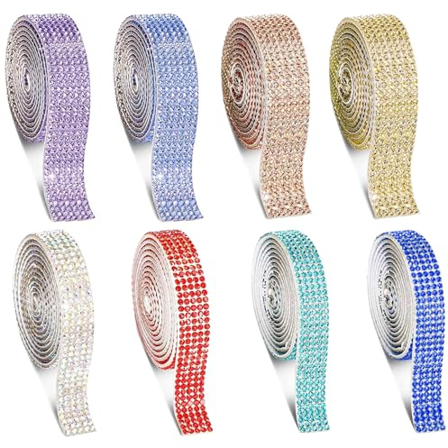 Sxutop 8 Rollos Cinta Autoadhesiva de Diamantes Cinta Adhesiva Brillante Rollo de Diamantes Imitación Cristal Tiras Brillantes para Ropa Manualidades Decoración (8 Colores, 1 Yarda/Rollo, 5/7 Filas)
