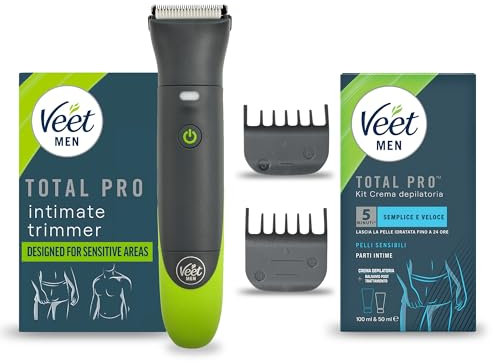 Veet Men Intimate Trimmer TOTAL PROTM, Rasoio elettrico uomo corpo e parti intime, 1 testina per zona intima e corpo e 2 pettini guida, Rifinitura precisa, Cordless+ Intimate Kit