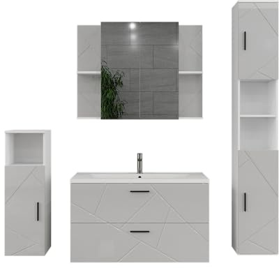 Vicco Set di mobili da bagno Irma, Bianco/bianco lucido, 100 cm, composto da mobile sottolavabo, lavabo, pensile, colonna e mobile medio