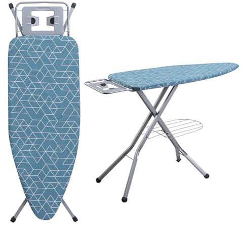 DEWINNER Table à Repasser Pliable 120 x 45 cm,Housse géométrique 100% Coton à la Mode, Verrouillage Sécurisé,7 Niveaux De réglage De La Hauteur,Repassage Pratique pour Un Usage Domestique(Bleu)