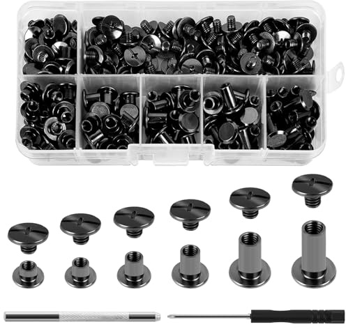 Funnytek 110 Set Chicago Screws, M5x4/5/6/8/10/12mm Chicago Screws Kit | Iron, Book Binding Rivets Posts, Metal Flat Cross Head Screw Rivets for DIY Leather Decoration