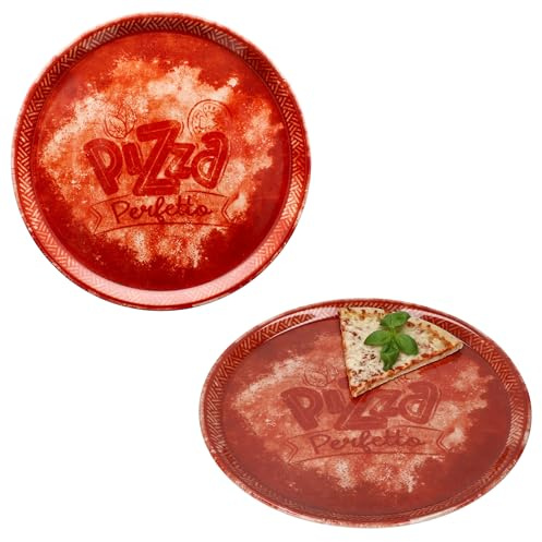 MamboCat 2er Set Perfetto Pizzateller Ø 31,5 cm I Rot I für 2 Personen I rustikale Porzellan-Teller für Pizza, Flammkuchen & mehr I große Speiseteller mit Dekor & Schrift, Servierplatte