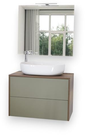 Yellowshop - Mobile Bagno Sospeso SHAPE-PLUS 100 cm, Lavabo da appoggio in Ceramica, Specchio e Applique, Arredo bagno, Design Moderno, 2 Cassetti Soft-Close – Vari Colori (Verde & Rovere Scuro)