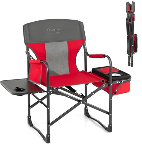 COSTWAY Sedia da Campeggio Pieghevole, Sedia da Regista Robusta con Tavolino, Borsa Frigo, Borsa Portaoggetti e Cinghia, Portata 180 kg, per Campeggio Escursione Pesca Picnic (Rosso)