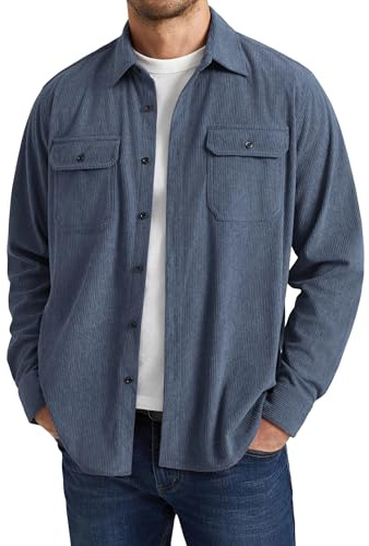 Enlision Mens Corduroy Shirt Casual Button Down Shacket with Flap Pockets Retro Trucker Style Top Soft Touch Long Sleeve Blouse Spring Autumn Dusty Blue L