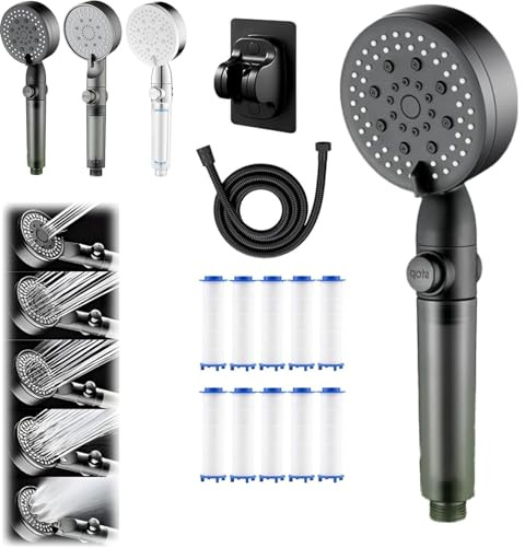 HydroBoost High Pressure 5 - Mode Filtered Shower Head, Universal G1/2” Connector, Filtered Shower Head with Handheld, Built-in Power Wash for Hard Water, Tool-Free Installation (Black)