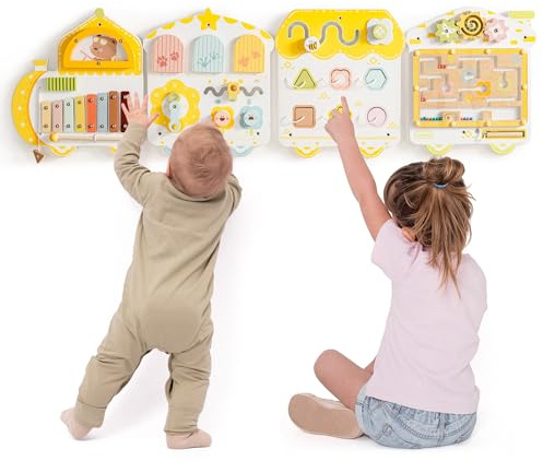 ROBUD Montessori Busy Board ab 18 Monaten – 12-in-1 Wand-Aktivitätsboard aus Holz, Lernspielzeug mit Xylophon, Trommel, Wettertafel, Uhr, Formen, Zahnrädern & Magnetlabyrinth