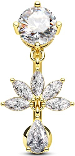 OUFER 14G Bauchnabelpiercing Gold Lotus Piercing Bauchnabel Schmuck Chirurgenstahl 316L CZ Klar Nabelpiercing Baumelnder Bauchnabelpiercing Schmuck für Frauen 10 mm