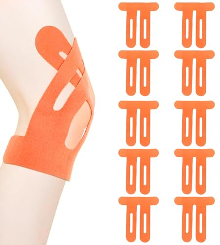 kelav Prédécoupées Tape Kinesiologie Genou, 10 Pièces Tape Bande Kinesiologie Strap Genou Élastiques pour Douleurs Strap Sport Imperméables, pour Genoux Aux Épaules Ruban de Physiothérapie (Orange)