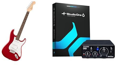 Squier by Fender Debut Stratocaster Gitarren-Aufnahme-Bundle, Dakota Red, mit PreSonus AudioBox GO USB-C Audio-Interface und Software-Bundle