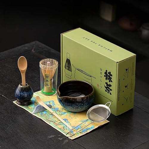 Coffret Matcha Complet - Set Matcha Traditionnel avec Bol en Céramique avec Bec Verseur,Fouet en Bambou (Chasen),Support et Cuillère-Kit Matcha Starter pour Débutants et Amateurs de Thé Vert