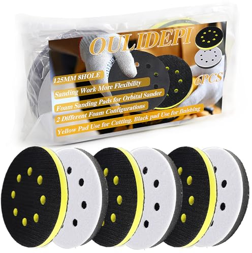 6PCS 5 Inch 8 Holes Soft & High Foam Interface Pad Set, Orbital Sander Foam Pad, Hook and Loop, 5 Inch Sponge Cushion Buffer Backing Pad for Orbital Sander