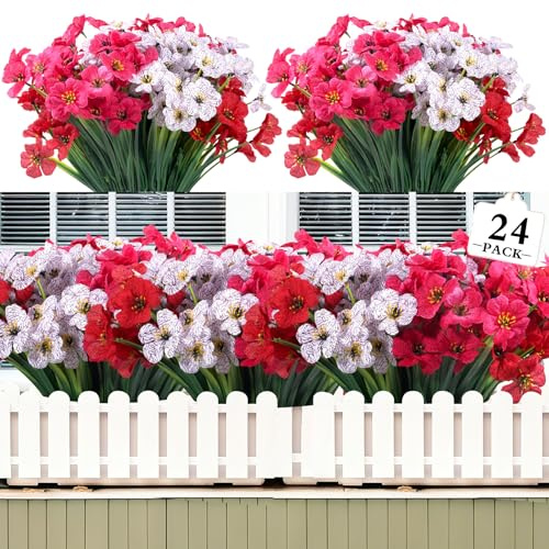 Kradeler 24 Bundles Artificial Flowers Outdoor,No Fade Fake Plastic Silk Flowers Faux Plant for Decor Hanging Planter Indoor Outside Garden Porch Window Box Wedding Farmhouse (White Rose Red)