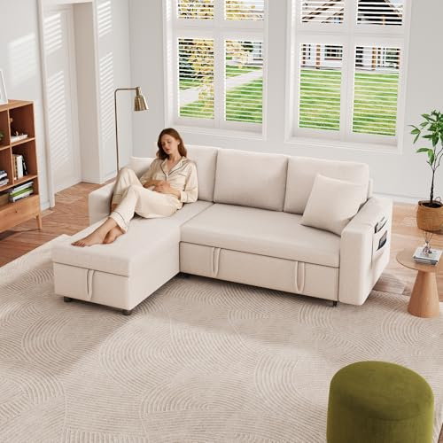 Yihomfy Schlafsofa mit Bettkasten L-Form Sofa Couch mit Bettkasten,3-Sitzer Wandelbare Eckcouch,Schlafcouch Ausziehbar Wohnlandschaft,Ecksofa mit Schlaffunktion,für Wohnung und Wohnzimmer, Beige