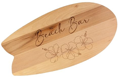 Herz & Heim® Servierbrett in Surfbrett-Form personalisiert mit Gravur – 40x20 cm Schneidebrett aus Buchenholz – Holzbrett mit Wunschtext für Beach Bar & Sommerparty